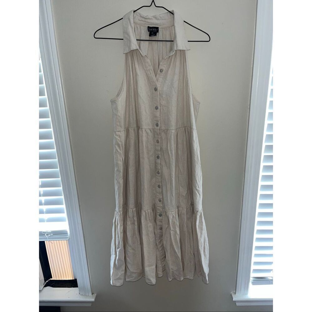 Nicole Miller Large Cream Linen Tiered Shirt Dress Sleeveless